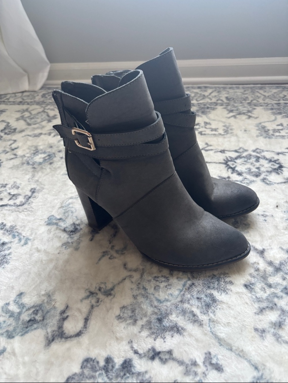 Women's Gray Faux Suede Ankle Booties with Buckle